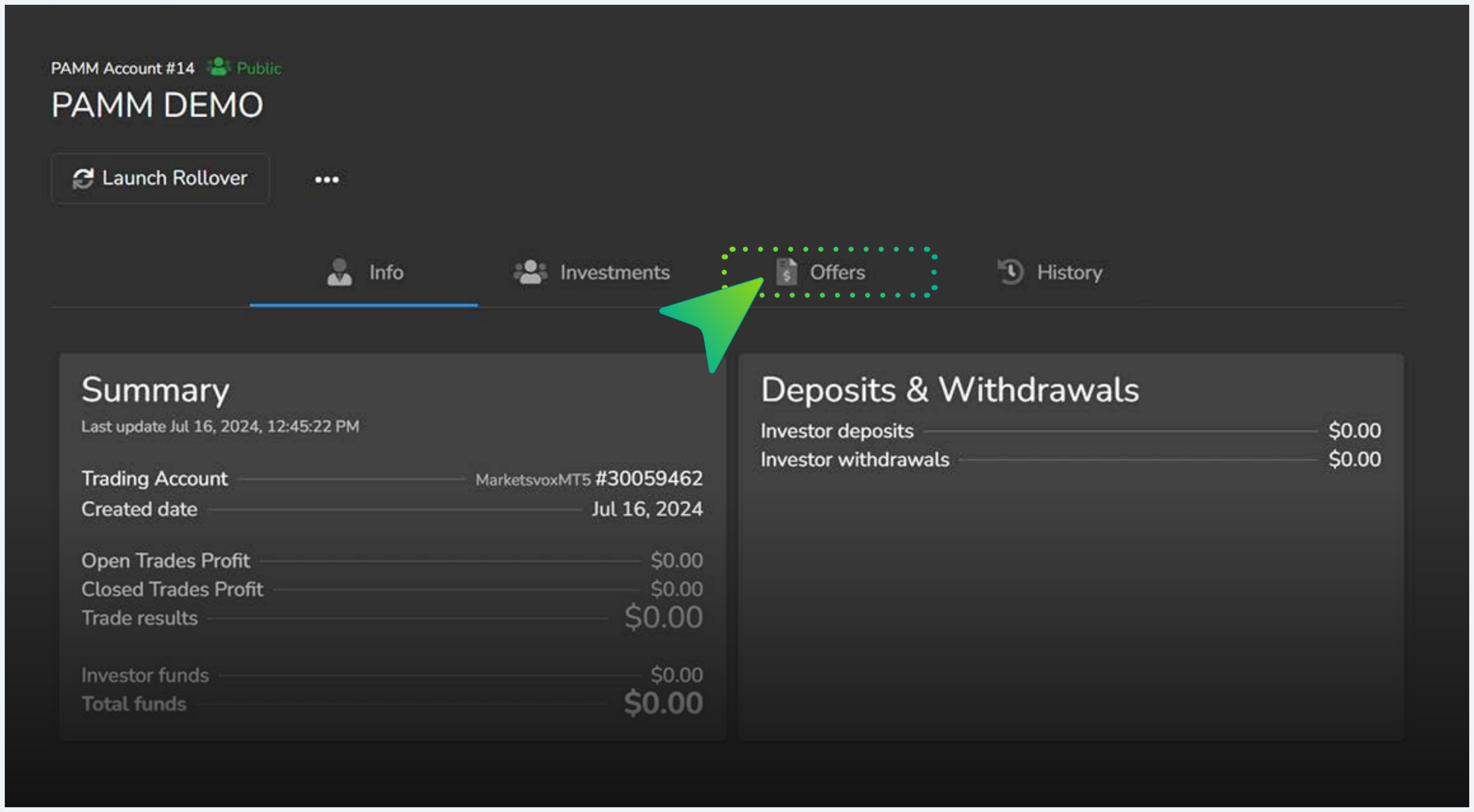 PAMM Manager dashboard with Offers tab